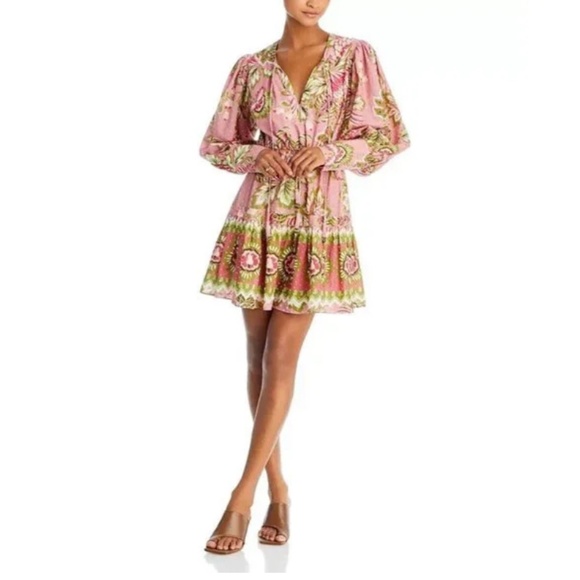 Farm Rio Aura Peasant Dress Women's Pink Floral Cotton Beaded Tassels Boho (S) - Picture 2 of 16